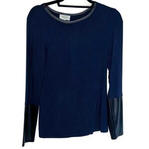 Laundry Long Sleeve Top Stretch Blouse Faux Leather Trim & Cuffs Size Small Navy